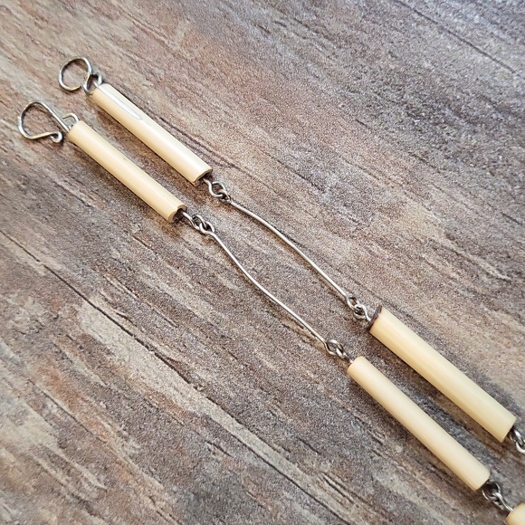 Peruvian Bamboo Tube Bead & Silver Tone Metal Work Jasper Stone Pendant Necklace - Picture 10 of 12